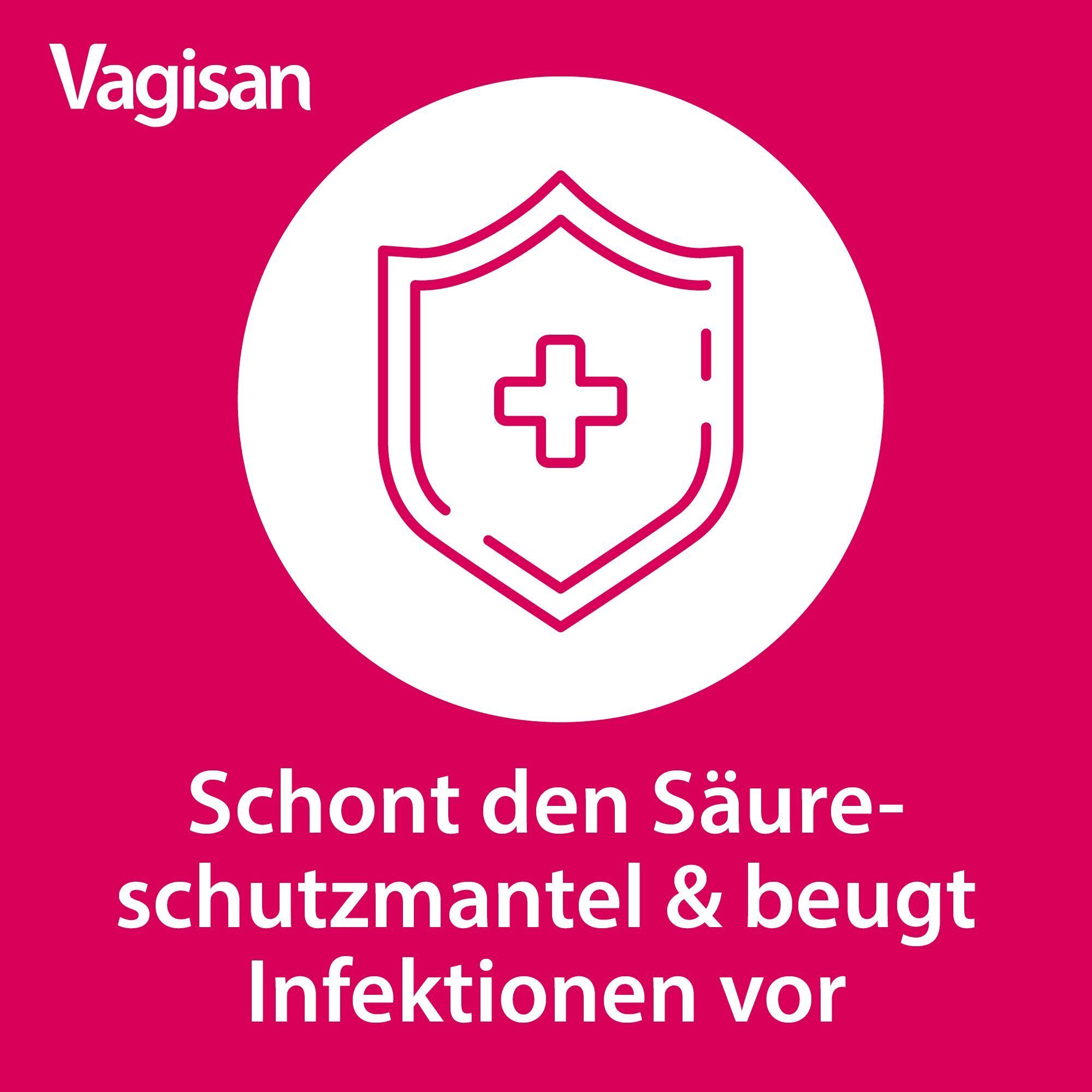 Symbol: Schild mit Kreuz. Text: Schont den Säureschutzmantel & beugt Infektionen vor.