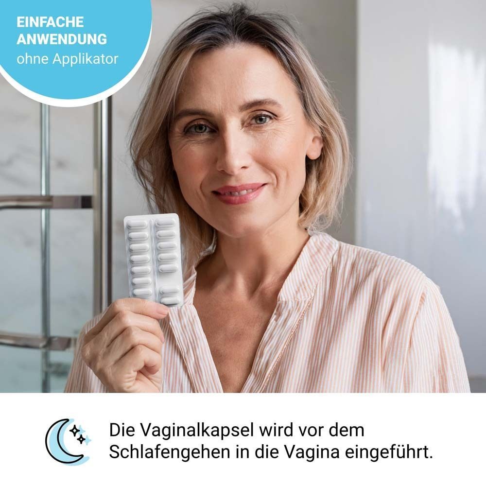 Frau hält eine Blisterpackung Vaginalkapseln. Text: Einfache Anwendung ohne Applikator. Nachtsymbol.