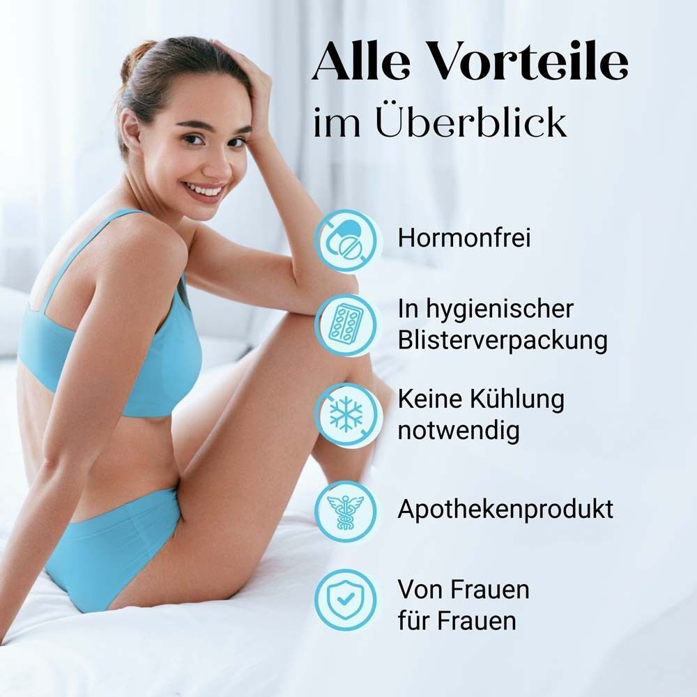 Frau in Unterwäsche, Text: Alle Vorteile im Überblick. Hormonfrei, Blisterverpackung, keine Kühlung, Apothekenprodukt.