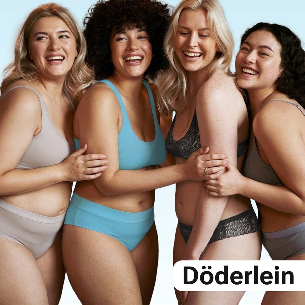 Vier lachende Frauen unterschiedlicher Körperformen in Unterwäsche. Produktname Döderlein.