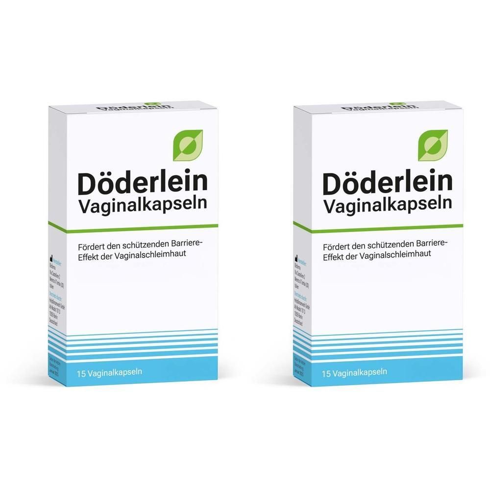Zwei Packungen Döderlein Vaginalkapseln mit Milchsäurebakterien, 15 Kapseln pro Packung.