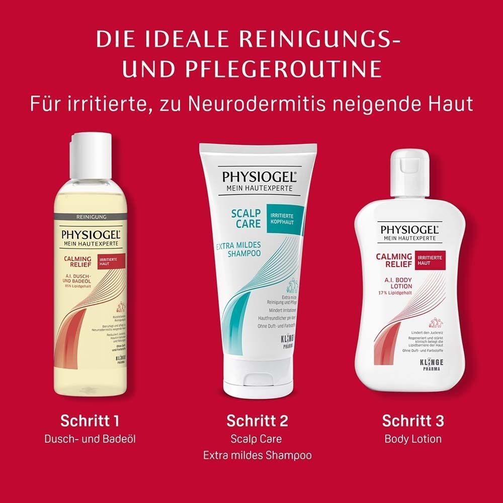 Drei PHYSIOGEL® Produkte für eine Reinigungs- und Pflegeroutine: Duschöl, Shampoo und Body Lotion.