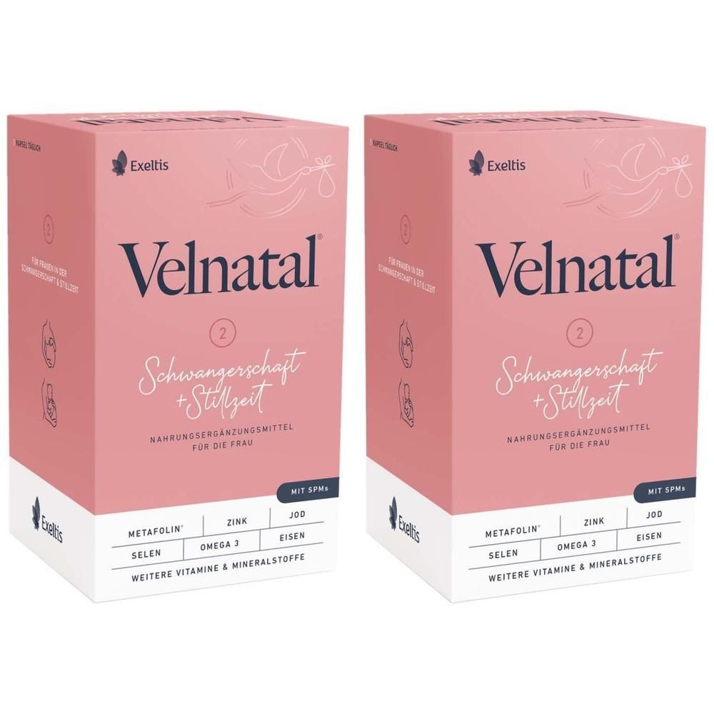 Zwei Packungen Velnatal Nahrungsergänzungsmittel für Schwangerschaft und Stillzeit.