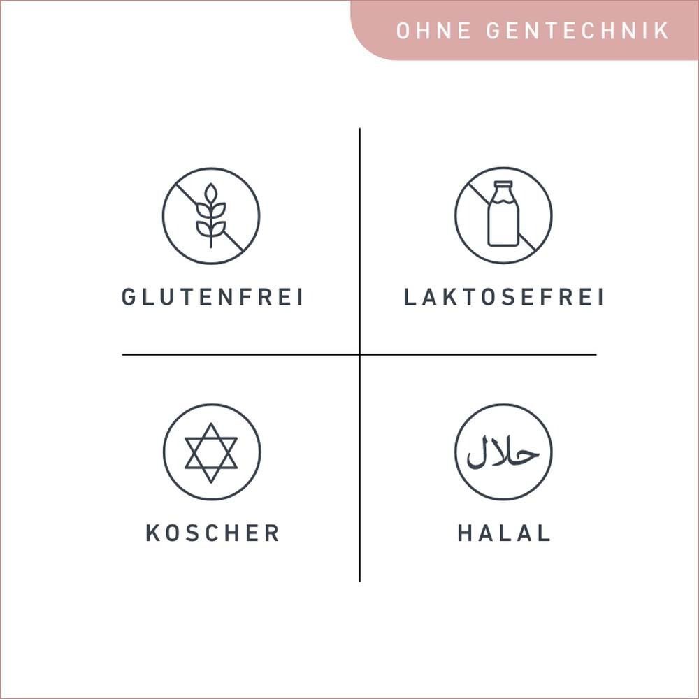 Hand hält eine Velnatal-Weichkapsel; Symbole für 1x täglich, glutenfrei, laktosefrei.