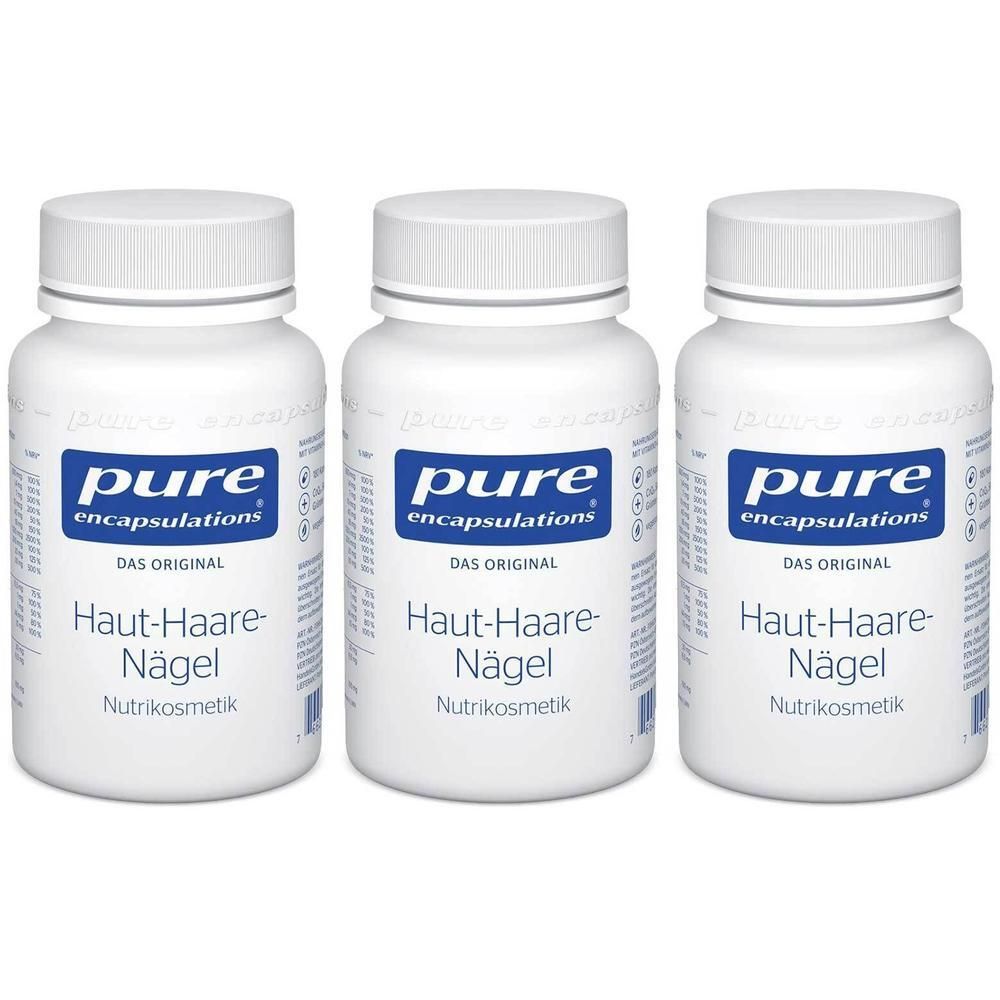 Drei weiße Flaschen Pure Encapsulations® Haut-Haare-Nägel Nutrikosmetik.