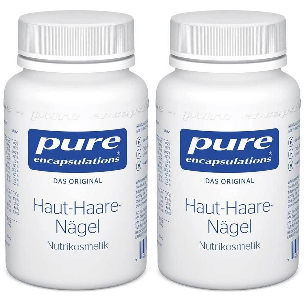 Zwei weiße Flaschen Pure Encapsulations® Haut-Haare-Nägel Nutrikosmetik.