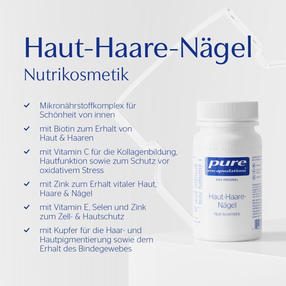 Flasche Pure Encapsulations® Haut-Haare-Nägel Nutrikosmetik mit Liste der Inhaltsstoffe.