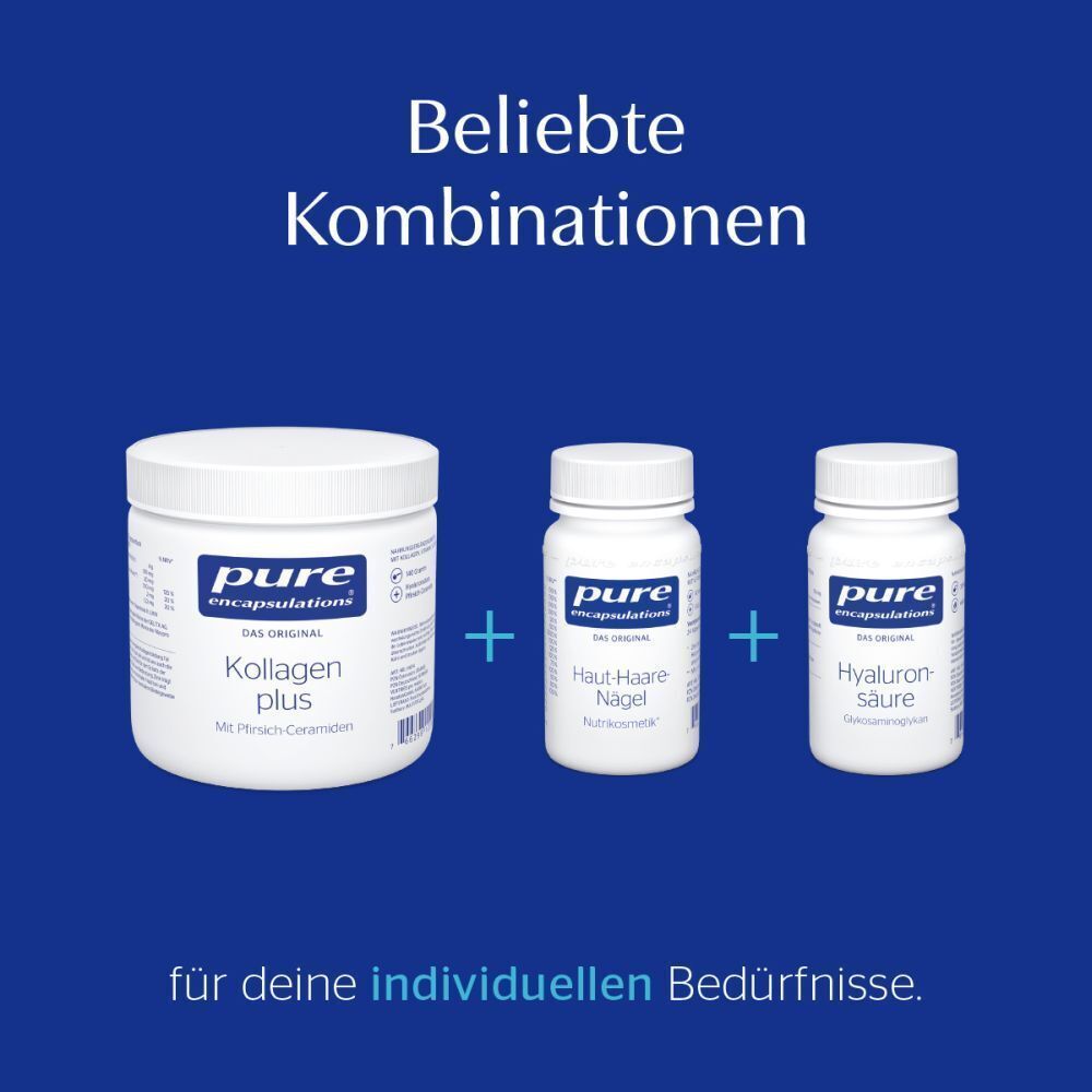 Hand hält Kapseln über einer offenen Flasche Pure Encapsulations® Haut-Haare-Nägel.