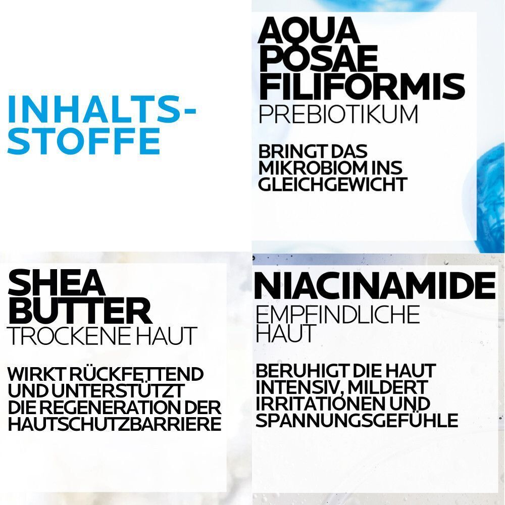 Infografik mit Inhaltsstoffen: Aqua Posae Filiformis Prebiotikum, Shea Butter, Niacinamid für die Haut.