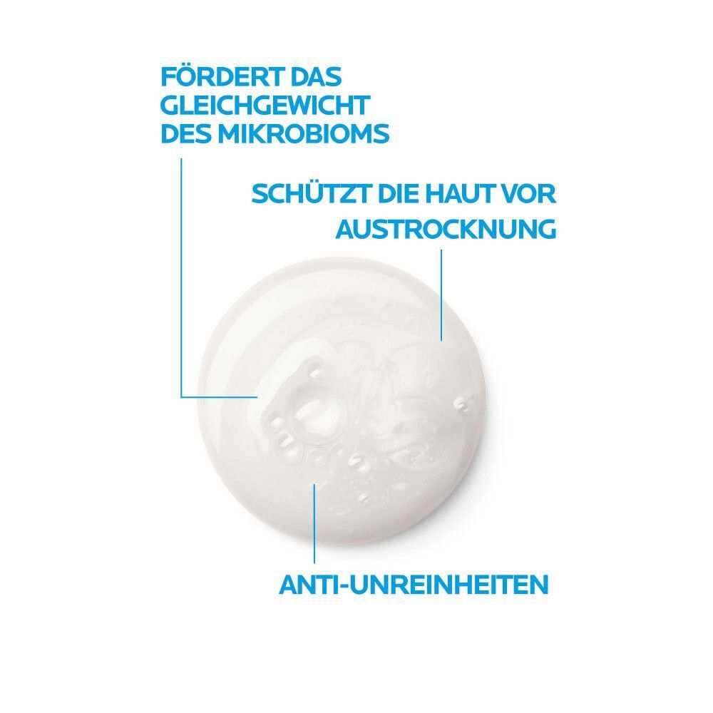 Tropfen Reinigungscreme mit Infografik, die die Förderung des Mikrobioms und Schutz vor Austrocknung zeigt.