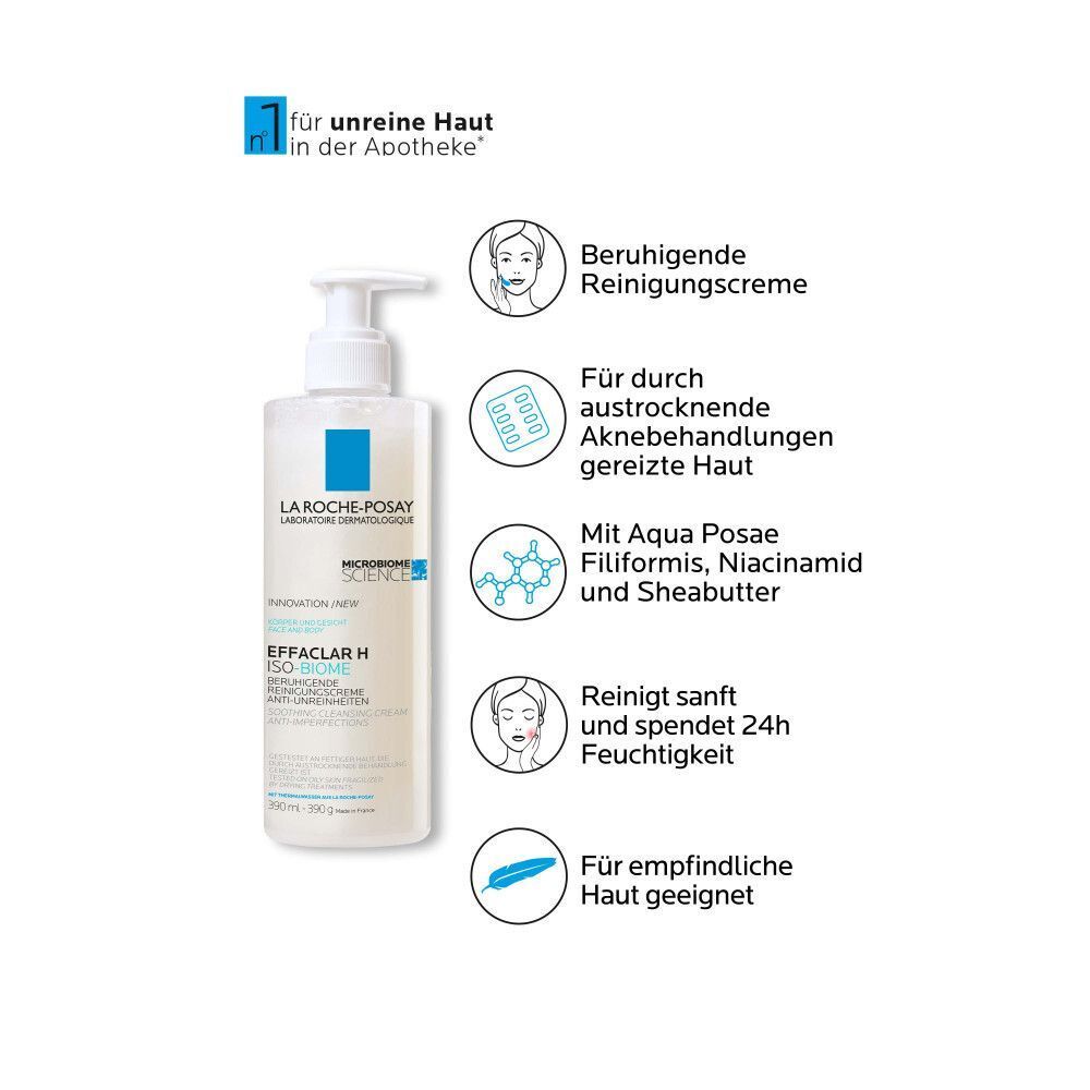 La Roche Posay Effaclar H Reinigungscreme: beruhigend, für trockene, zu Akne neigende Haut, mit Aqua Posay Filiformis, Niacinamid und Sheabutter.
