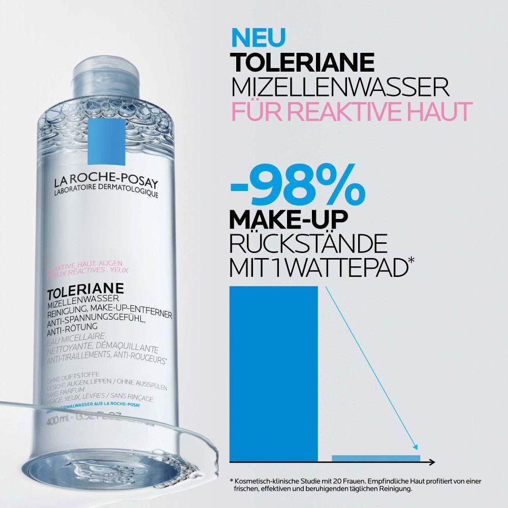 Flasche La Roche-Posay Mizellenwasser mit Diagramm, das 98% Make-up-Entfernung zeigt.