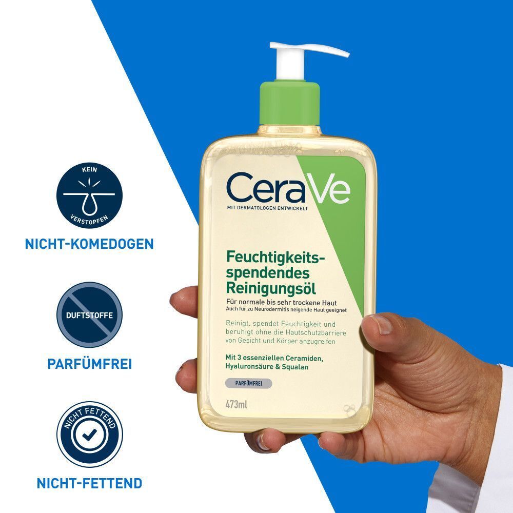 CeraVe Feuchtigkeitsspendendes Reinigungsöl in einem Pumpspender, gehalten von einer Hand. Nicht komedogen, parfümfrei, nicht fettend.