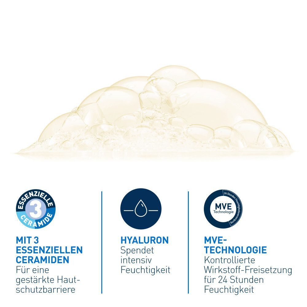 Schaum mit 3 essentiellen Ceramiden, Hyaluron und MVE-Technologie für 24h Feuchtigkeit.