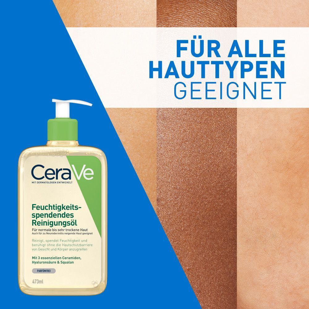Hand drückt Pumpspender von CeraVe Reinigungsöl in die Handfläche.