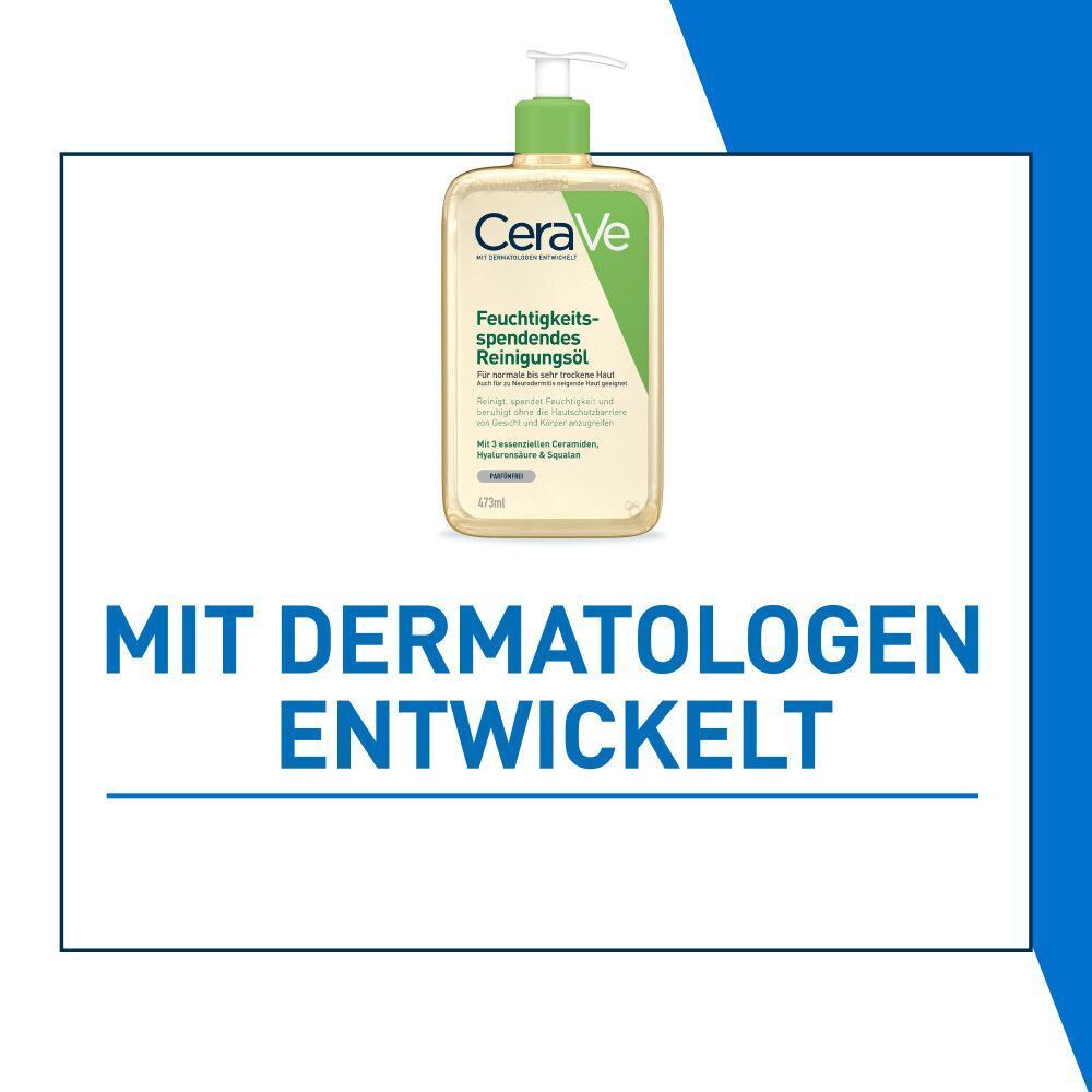 Flasche CeraVe Reinigungsöl. Text: Mit Dermatologen entwickelt.