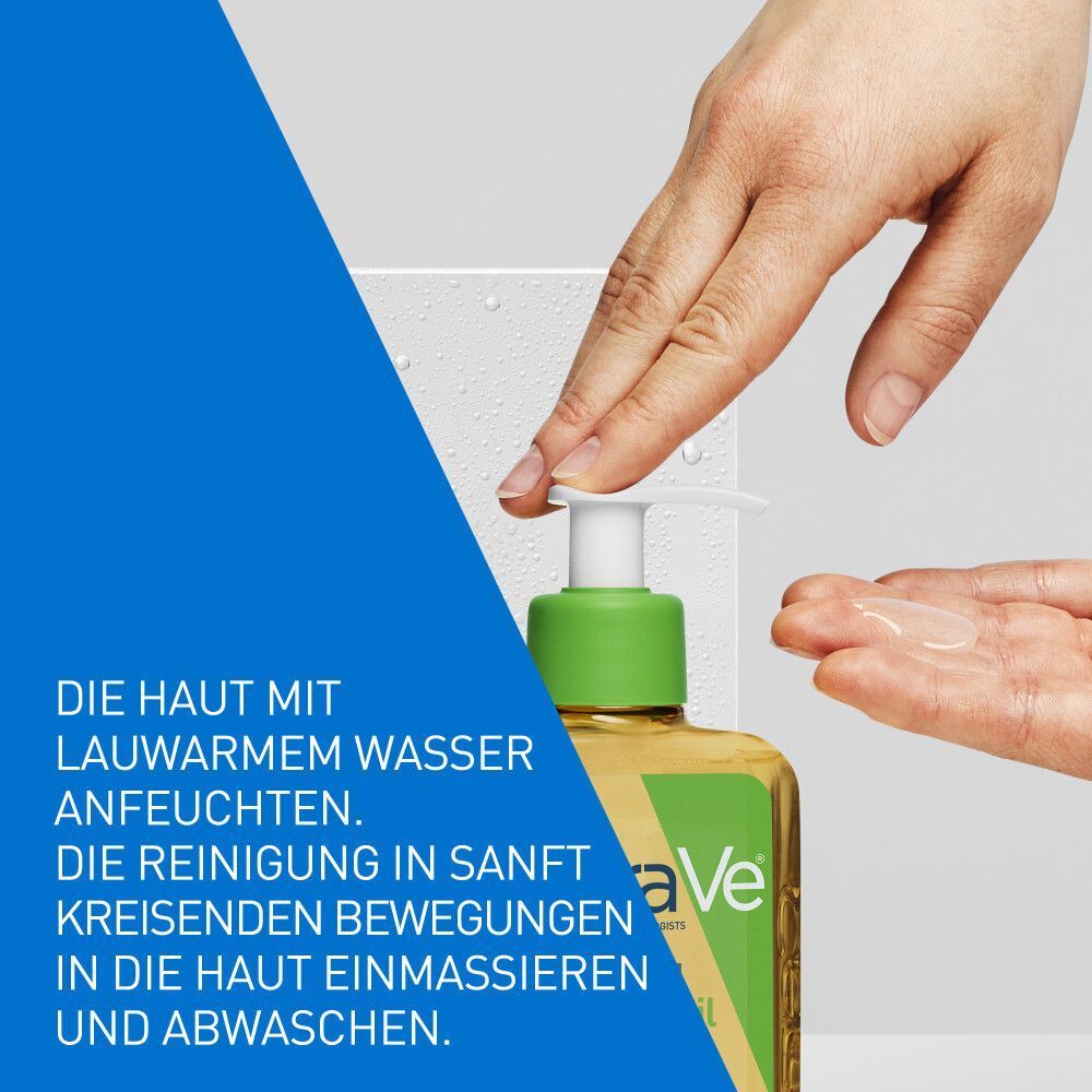 Hand gibt CeraVe Reinigungsöl in die andere Hand. Text: Haut mit lauwarmem Wasser anfeuchten...