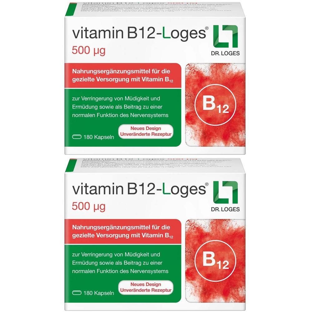 Zwei Packungen Vitamin B12-Loges® 500 µg Kapseln, 180 Stück pro Packung.