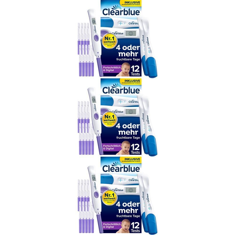 Drei Packungen Clearblue Ovulationstest Fortschrittlich & Digital mit je 12 Tests und digitalen Ovulationstestern.