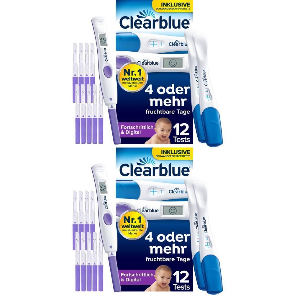 Zwei Packungen Clearblue Ovulationstest Fortschrittlich & Digital mit je 12 Tests und Ovulationsstäbchen.