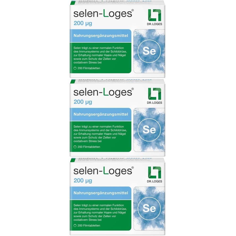 Drei Packungen selen-Loges® 200 µg, Nahrungsergänzungsmittel mit 200 Filmtabletten.