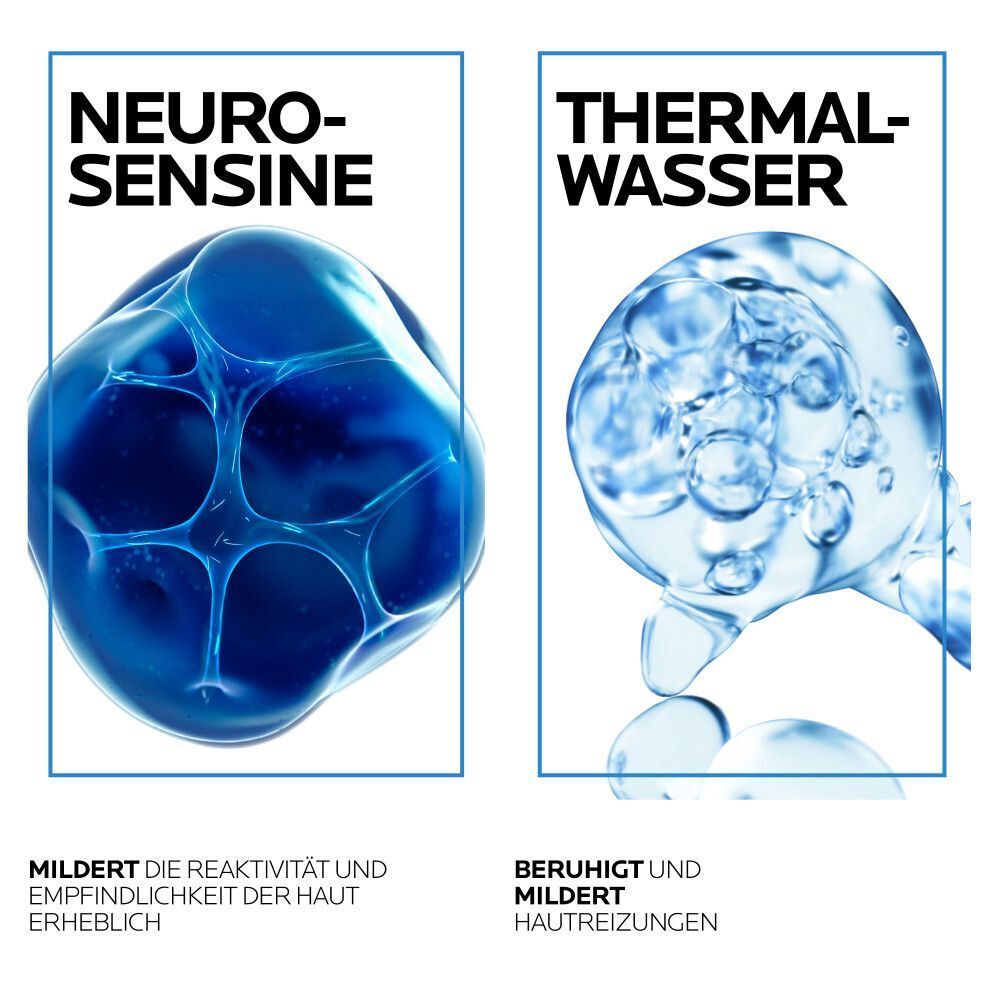Illustrationen von Neuro-Sensine zur Linderung von Hautempfindlichkeit und Thermalwasser zur Beruhigung von Reizungen.