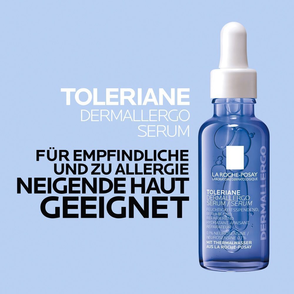 La Roche-Posay Toleriane Dermallergo Serum Flasche. Text: "Für empfindliche und zu Allergie neigende Haut geeignet".