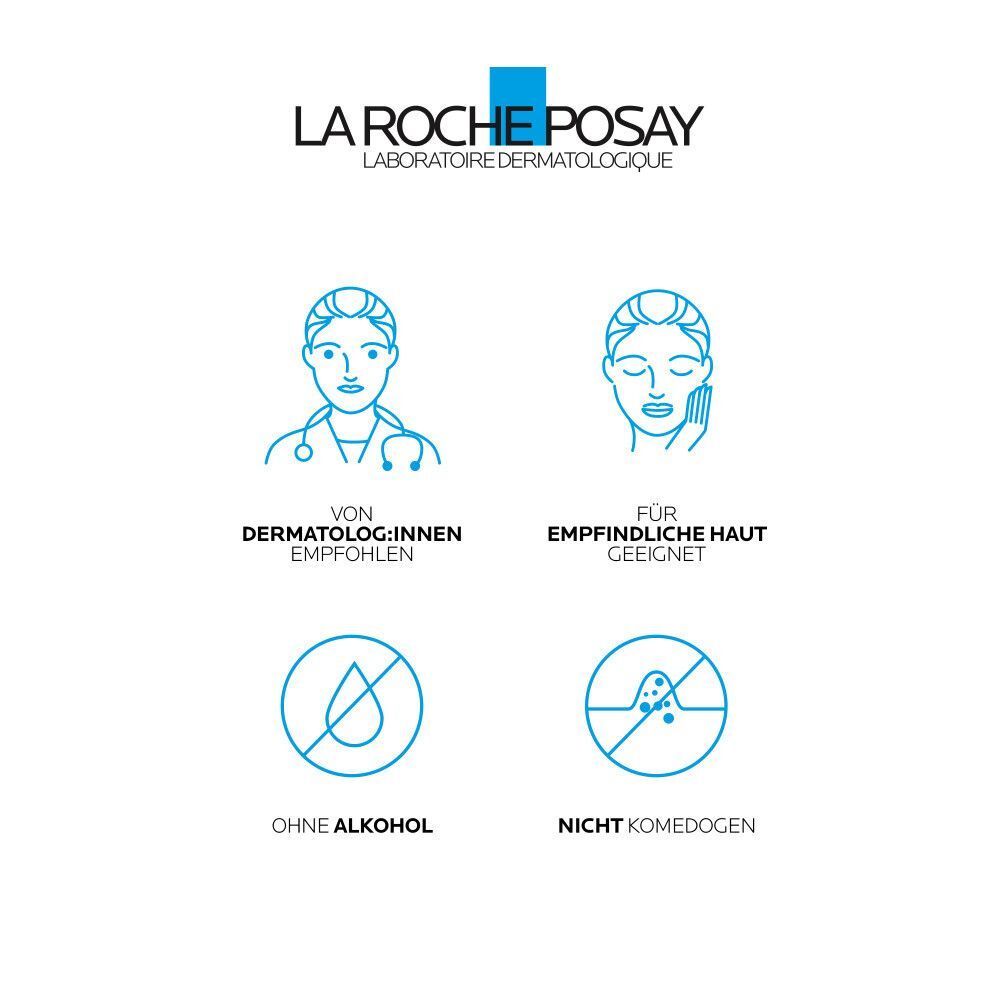 Icons: Dermatologe empfohlen, für empfindliche Haut, ohne Alkohol, nicht komedogen. La Roche-Posay Logo.