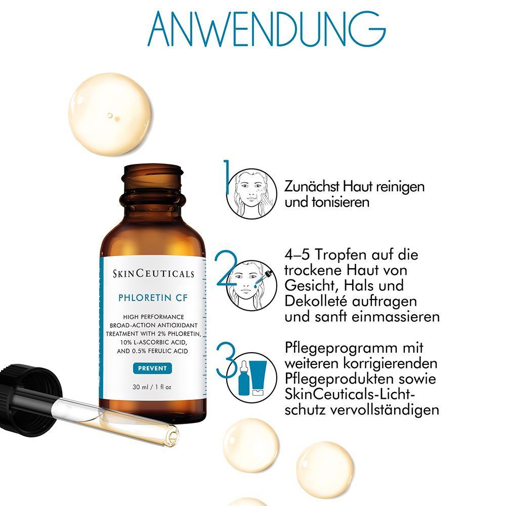 Anwendungshinweise für SkinCeuticals Phloretin CF Serum mit Pipette und Hautpflegeprodukten.