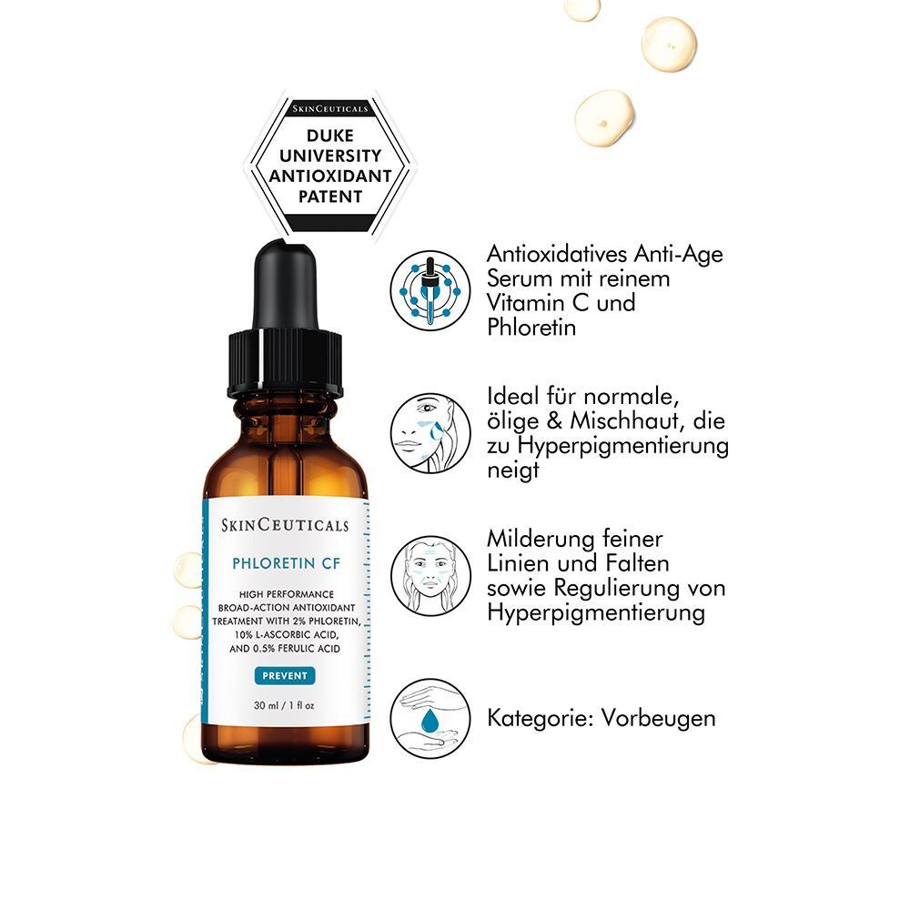 SkinCeuticals Phloretin CF Serum Flasche mit "Duke University Antioxidant Patent" Siegel. Infografik erklärt Vorteile.