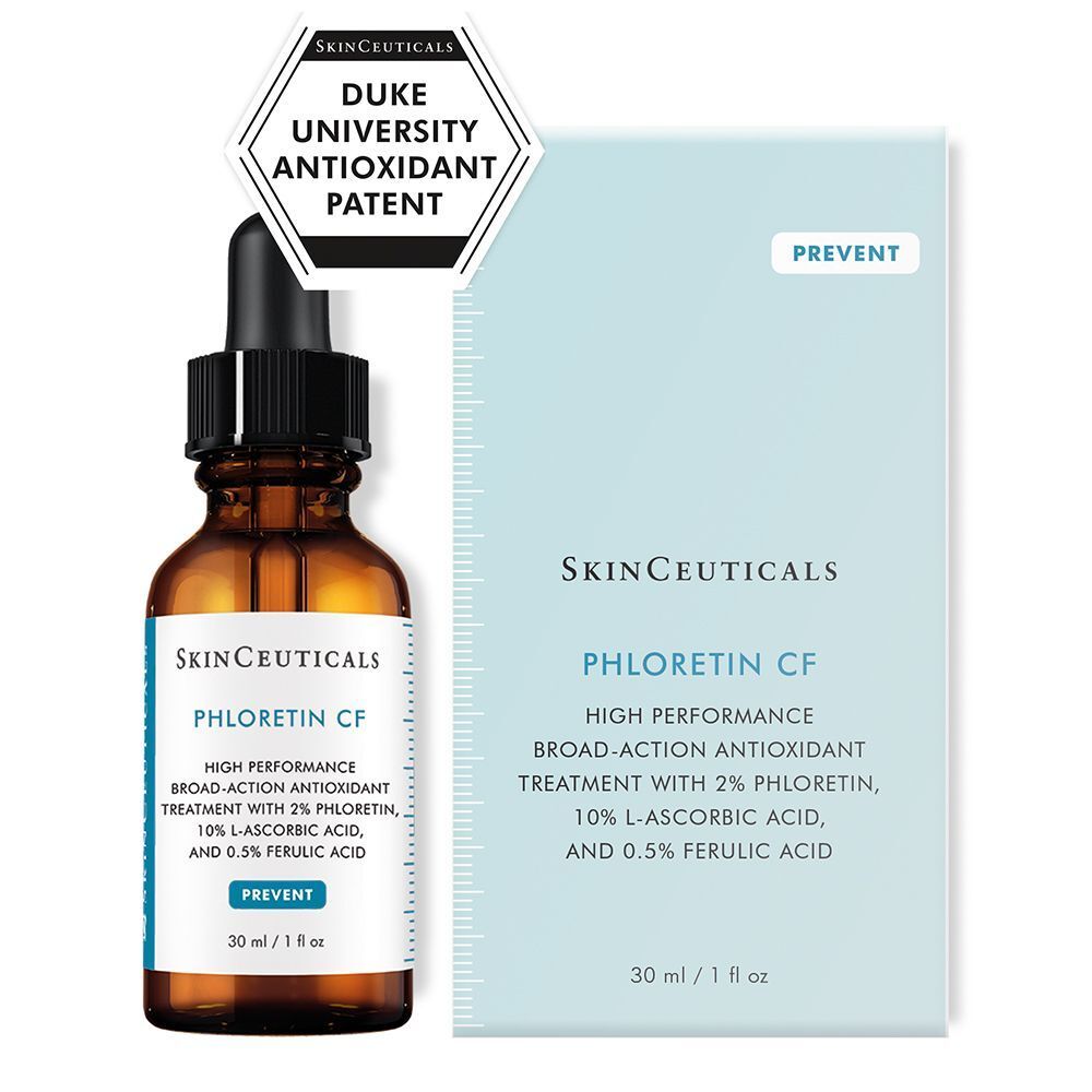 SkinCeuticals Phloretin CF Serum Flasche und Kartonverpackung. "Duke University Antioxidant Patent" Siegel sichtbar.