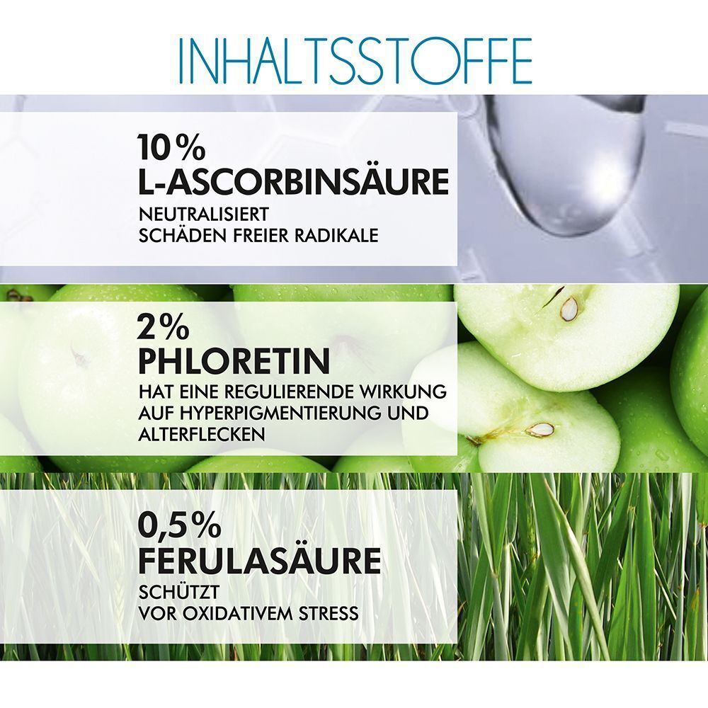 Inhaltsstoffe von SkinCeuticals Phloretin CF Serum: Vitamin C, Phloretin, Ferulasäure. Mit Apfel- und Graselementen.