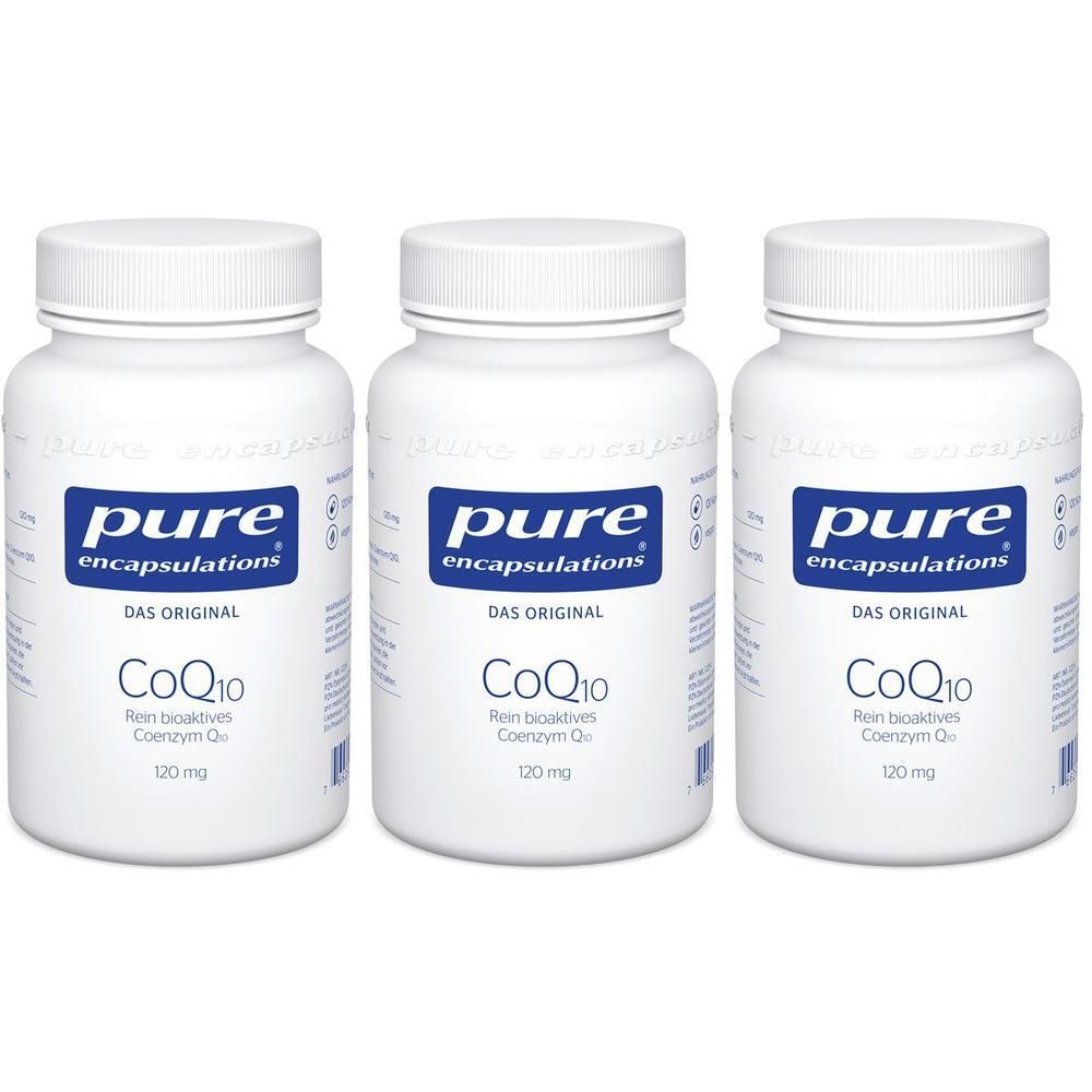 Drei weiße Flaschen mit CoQ10 120 mg von pure encapsulations®.