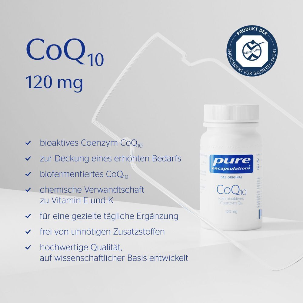 Flasche CoQ10 120 mg von pure encapsulations® mit Produktmerkmalen.