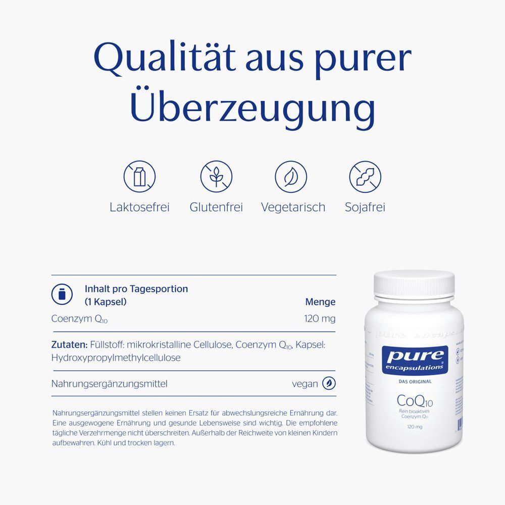 Flasche CoQ10 120 mg von pure encapsulations® mit Nährwertangaben.