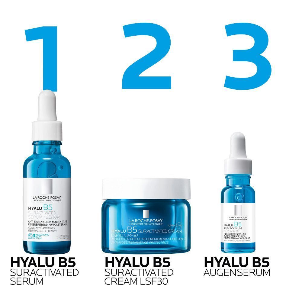 Drei Produkte der La Roche Posay Hyalu B5 Serie: Serum, Creme LSF 30 und Augenserum.