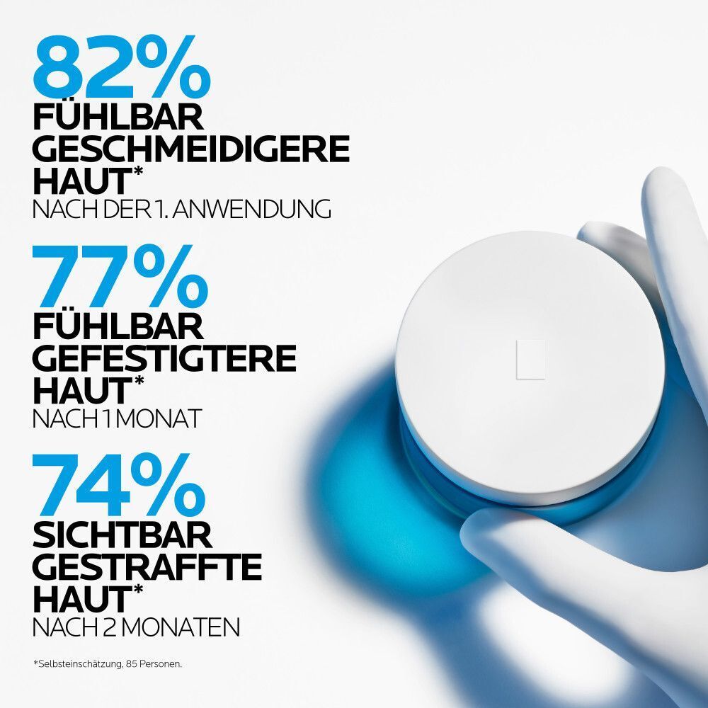 Hand hält den Deckel eines Tiegels La Roche Posay Hyalu B5 Suractivated Cream LSF 30. Text über Hautverbesserung.