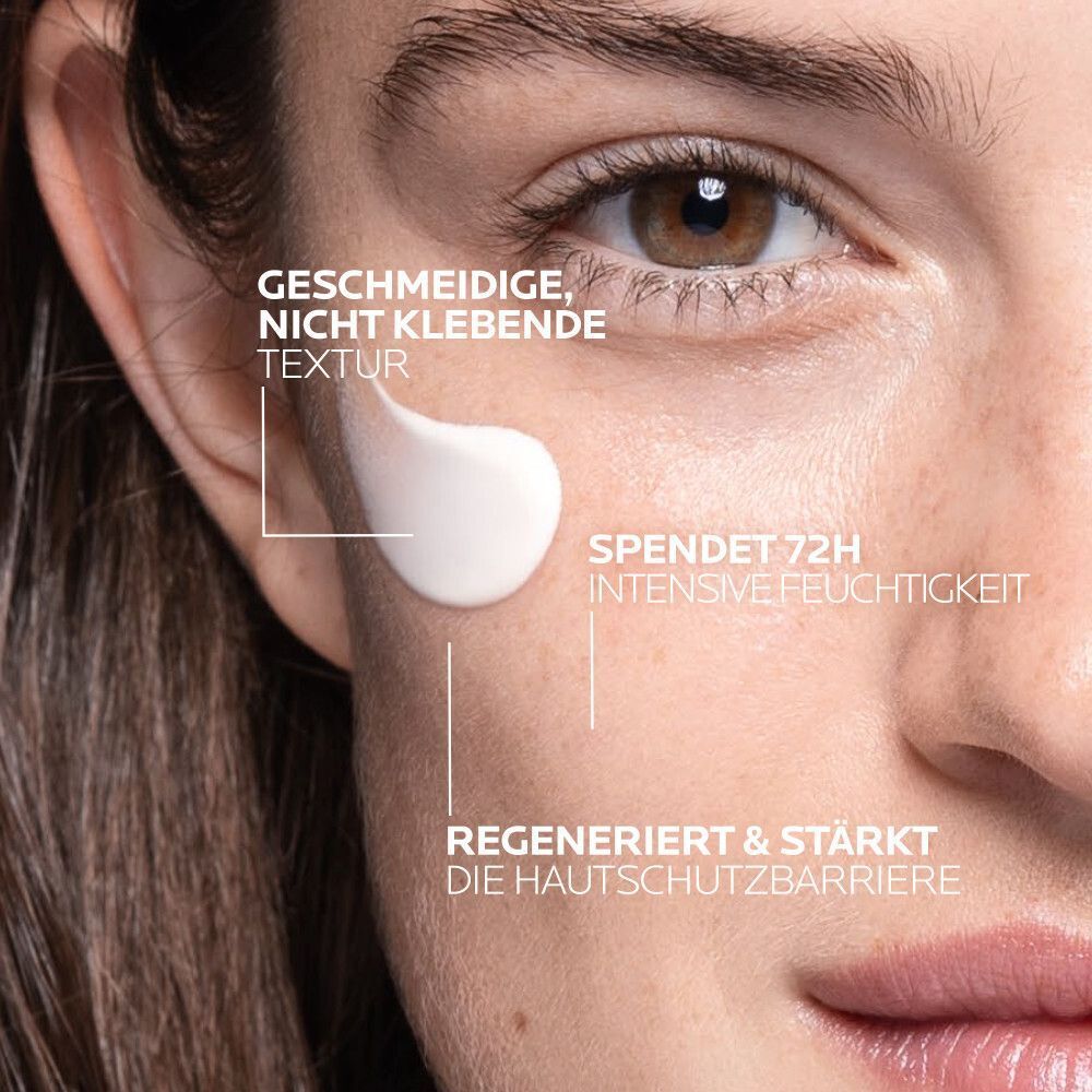 Creme-Textur auf der Haut. La Roche Posay Hyalu B5 Suractivated Cream LSF 30 spendet Feuchtigkeit und stärkt.
