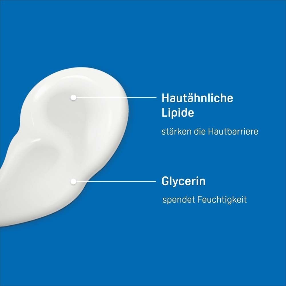 Nahaufnahme einer Creme mit Beschriftung zu hautähnlichen Lipiden und Glycerin.