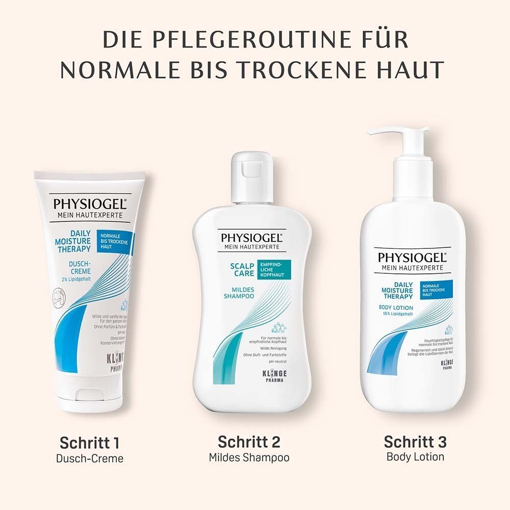Pflege-Routine: Dusch-Creme, Mildes Shampoo, Body Lotion von PHYSIOGEL®.
