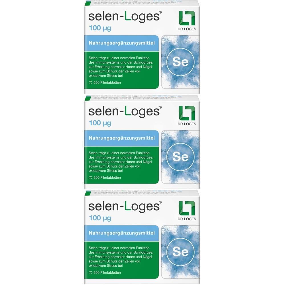 Drei Packungen selen-Loges® 100 µg, Nahrungsergänzungsmittel mit Selen für Immunsystem und Schilddrüse.