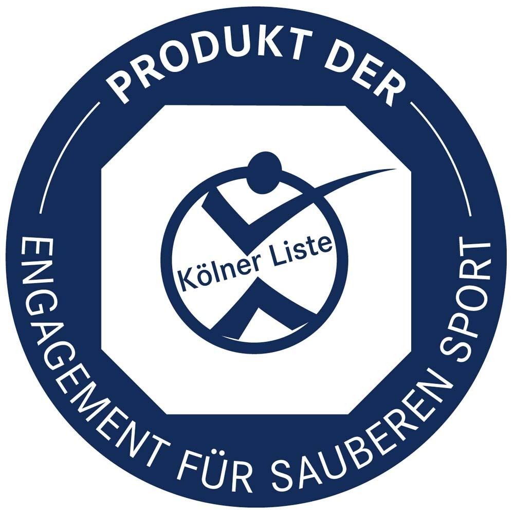 Blaues Siegel mit der Aufschrift 'Kölner Liste' und 'Produkt der Engagement für sauberen Sport'.