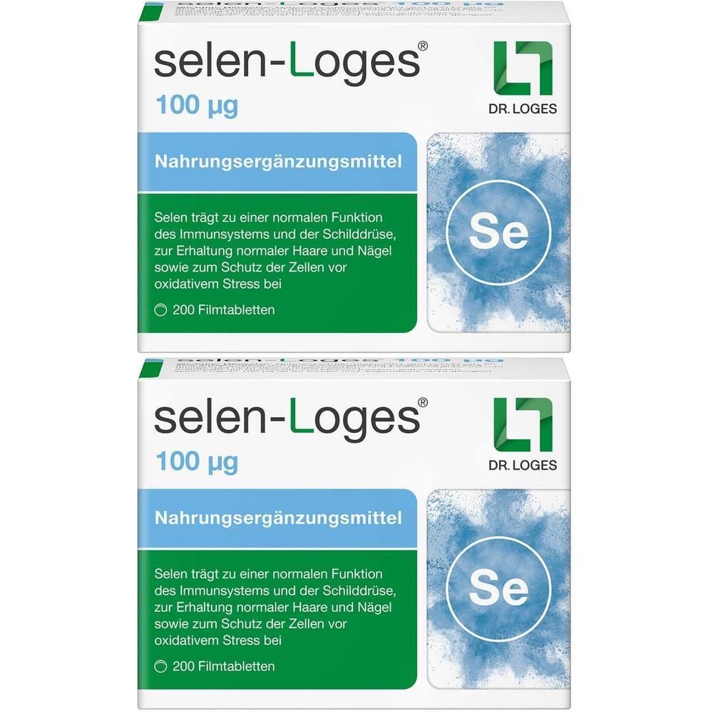 Zwei Packungen selen-Loges® 100 µg Nahrungsergänzungsmittel mit je 200 Filmtabletten.