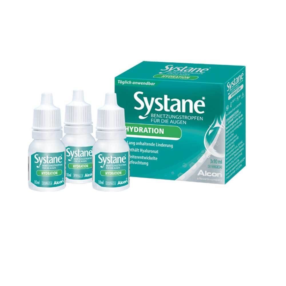 Drei Systane HYDRATION Augentropfenfläschchen neben einer Packung.