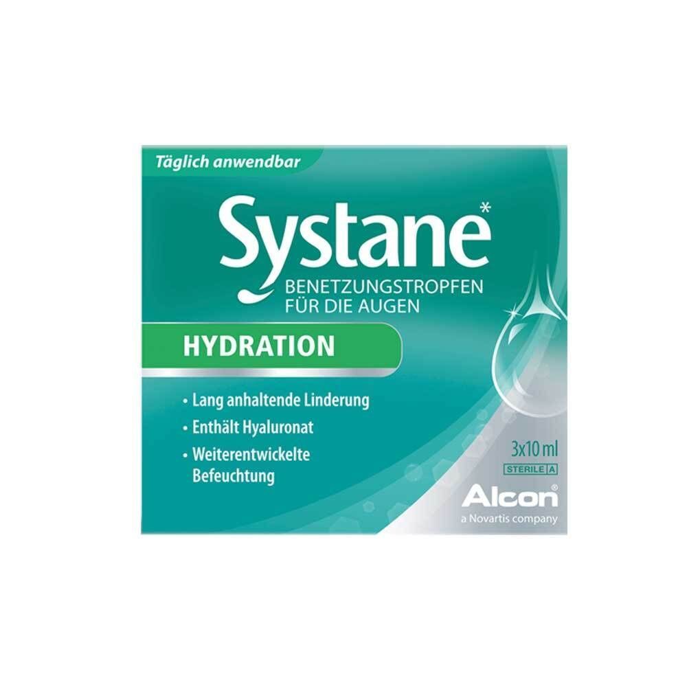 Eine Packung Systane HYDRATION Augentropfen mit drei 10ml Flaschen und einer Packungsbeilage.