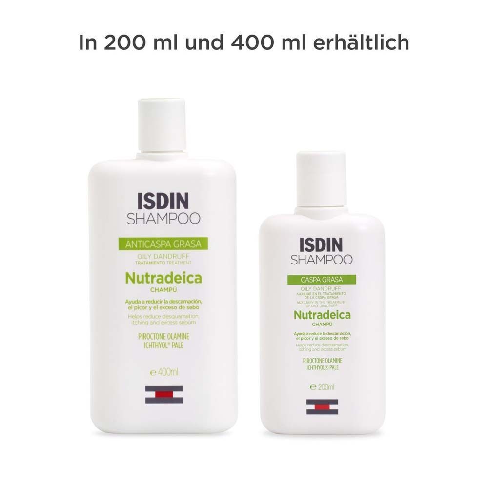 ISDIN Nutradeica Shampoo in 200 ml und 400 ml Flaschen.