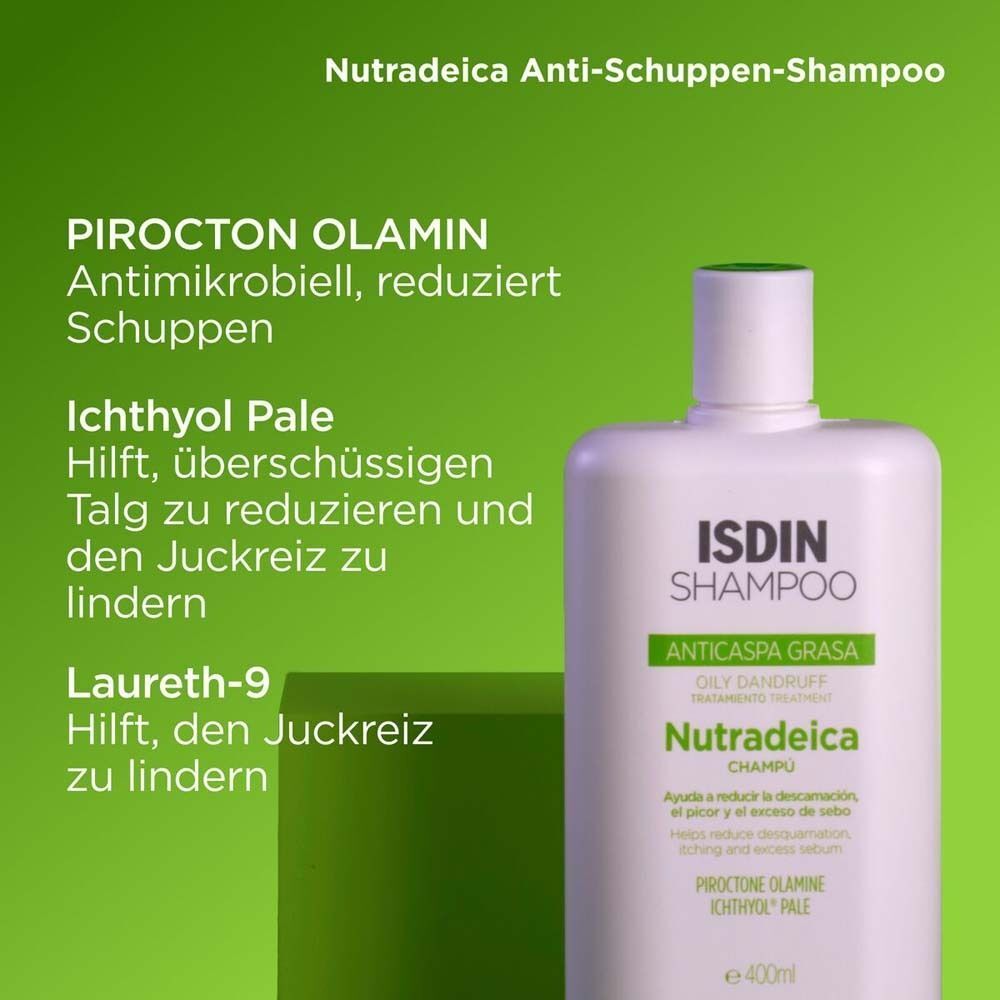 Flasche ISDIN Nutradeica Shampoo mit Details zu Pirocton Olamine, Ichthyol Pale und Laureth-9.