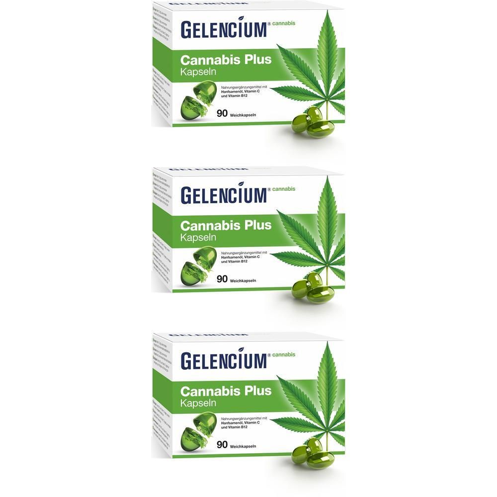 Drei Packungen GELENCIUM® Cannabis Plus Kapseln mit Vitamin B12, 90 Kapseln pro Packung.