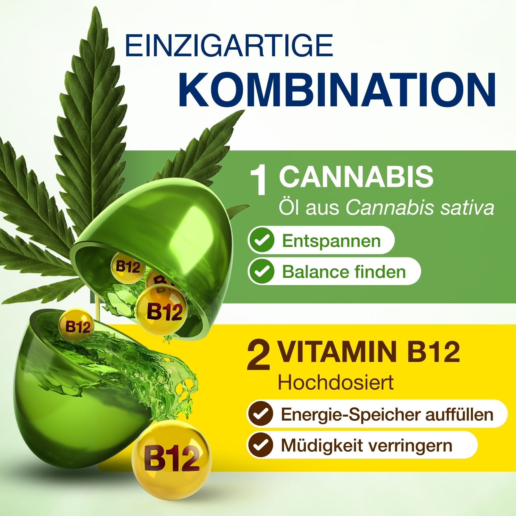 GELENCIUM® Cannabis Plus Kapseln: Kombination aus Cannabisöl und Vitamin B12 für Entspannung und Energie.