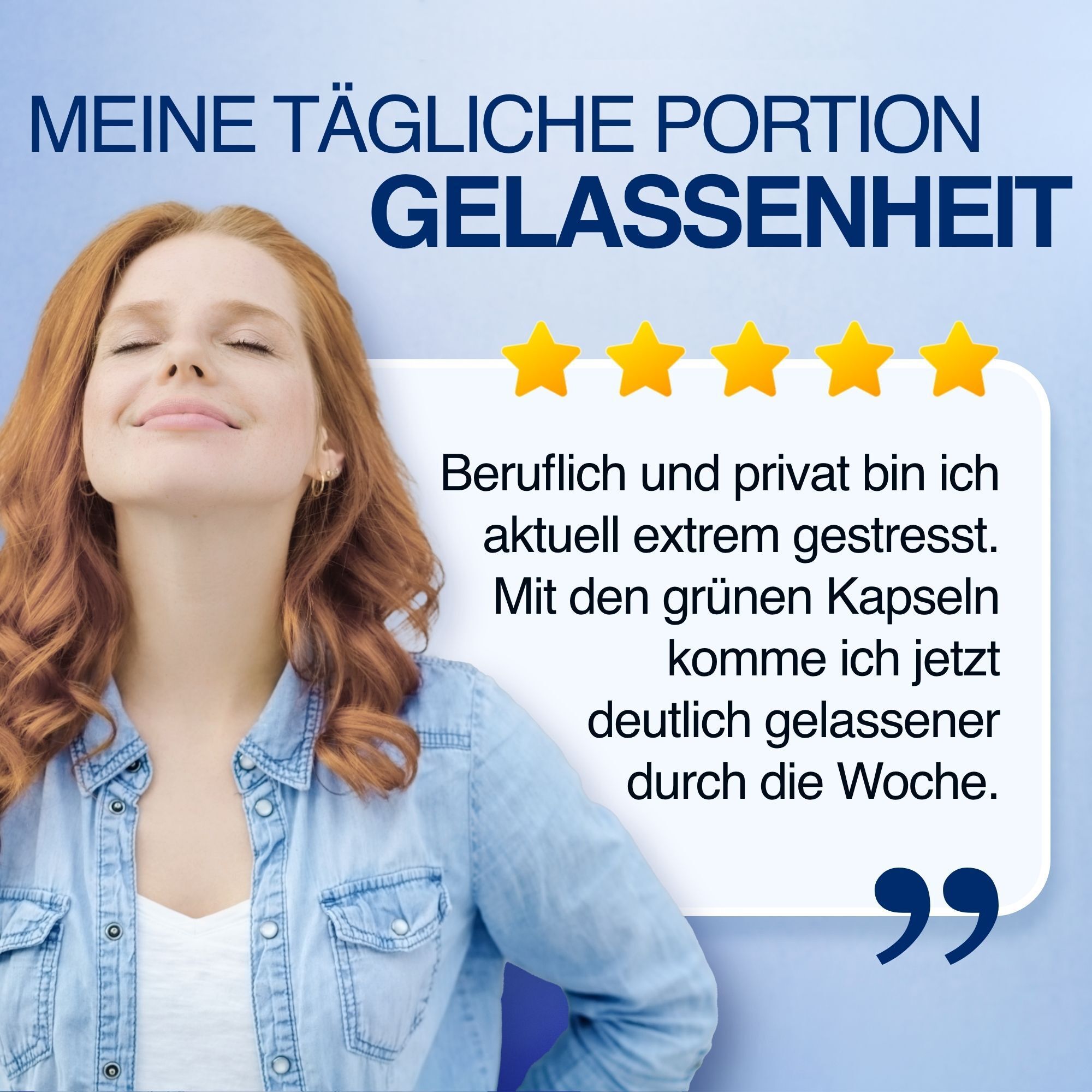 Frau mit geschlossenen Augen und entspanntem Gesichtsausdruck, bewirbt GELENCIUM® Kapseln.